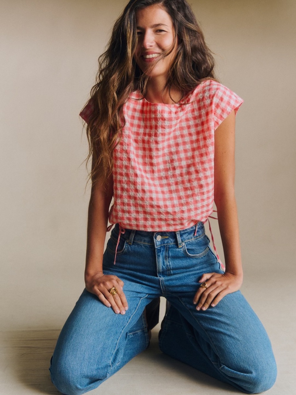 Sezane Pink Gingham Cap-Sleeve Crop Top
